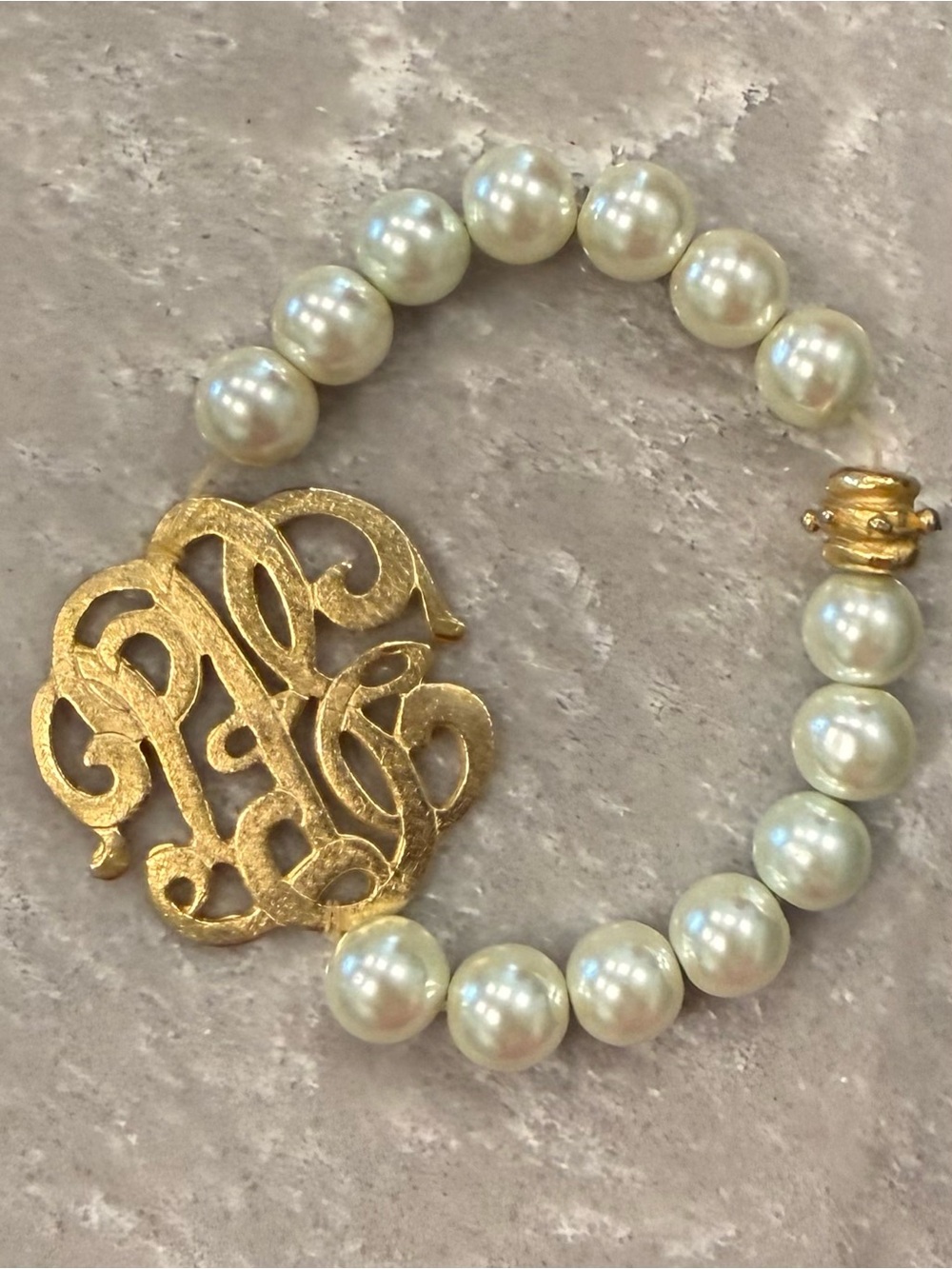 Gold Monogram Faux Pearl Statement Bracelet Large Script Initial Preppy